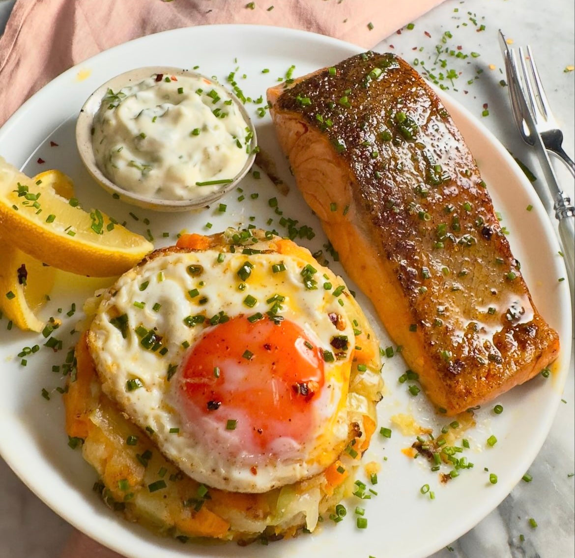 PAN FRIED TROUT, BUBBLE AND SQUEAK, LEMON PARSLEY MAYO