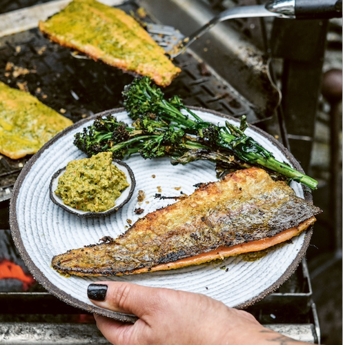 TROUT FILLETS WITH ROAST RED PEPPER PESTO AND GRILLED BROCCOLI